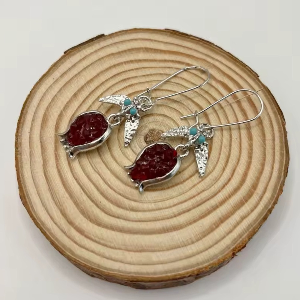 Vintage Pomegranate Red Silver Earrings - Picture 3 of 7